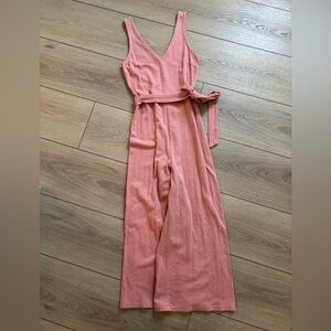 GAP Coral Pink Ribbed Wide-Leg Jumpsuit with Tie Belt